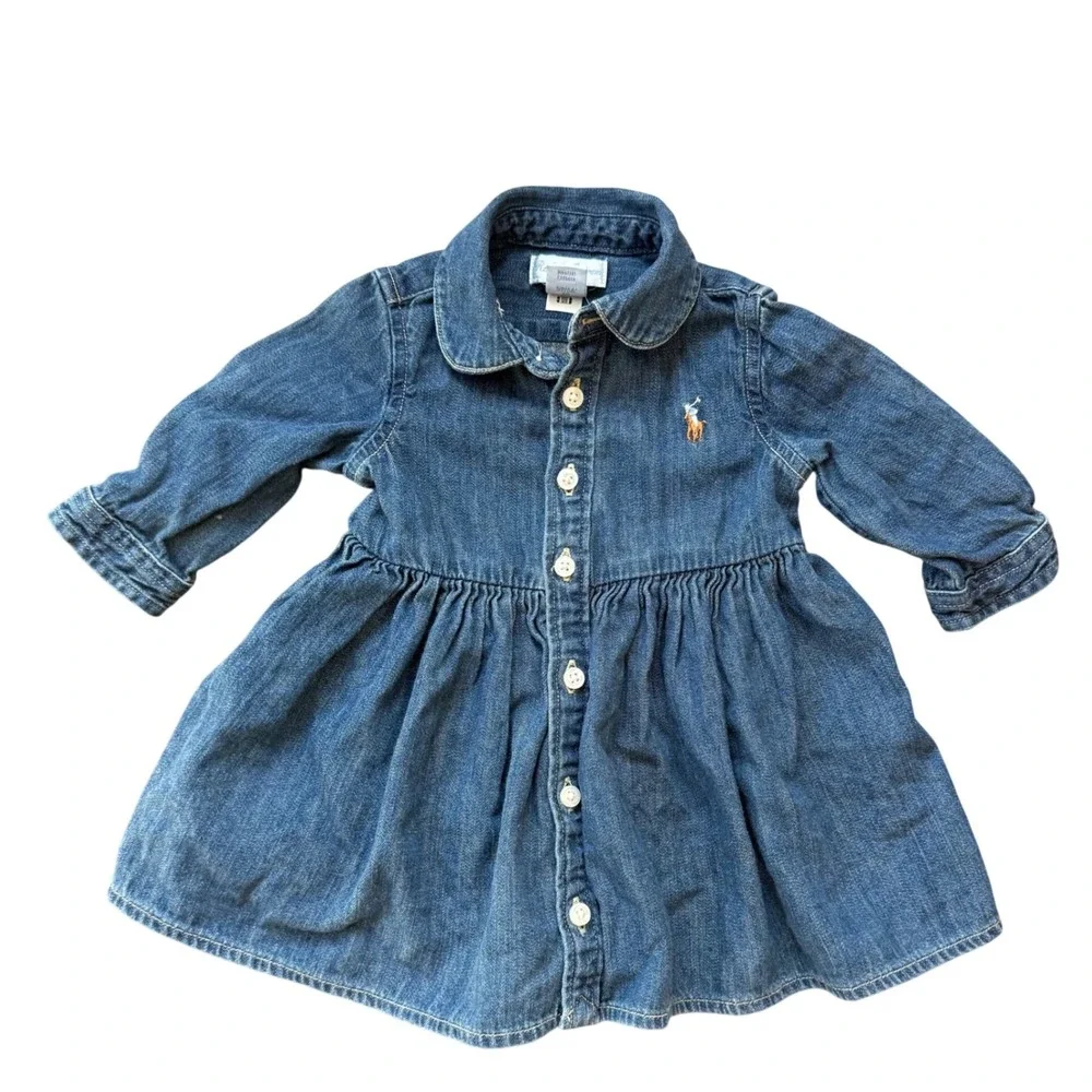 Ralph Lauren Denim Dress Baby 3M Blue Excellent Long Sleeve Button Front Pony
